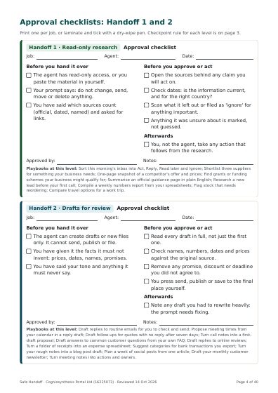 Page 4: printable approval checklists for Handoff 1 and Handoff 2, with tick boxes and fields for job, agent, date and approver.