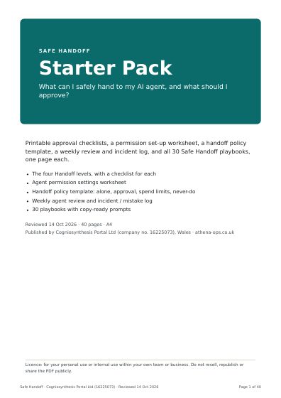 Cover page of the Safe Handoff Starter Pack: a teal panel with the title and a list of what is inside.